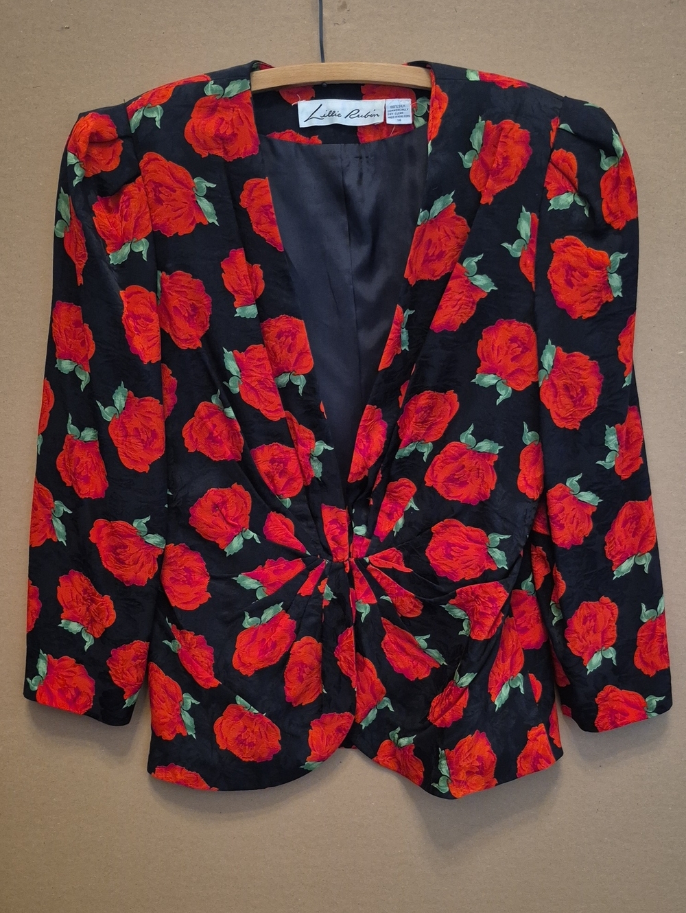 Vintage Floral Silk Blazer 14 Black+Red Rose Print V-neck Jacket